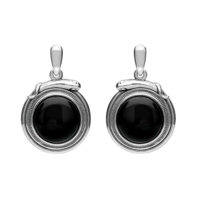 Sterling Silver Whitby Jet Small Round Snake Edge Drop Earrings E2204
