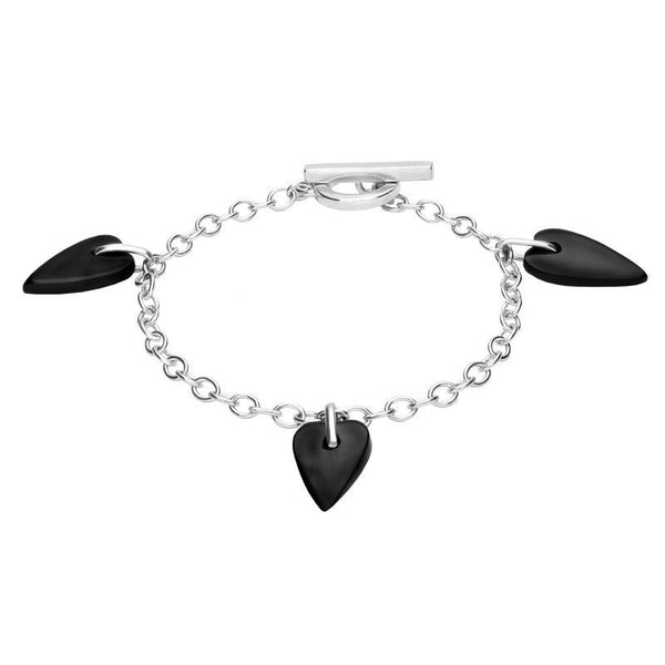 Sterling Silver Whitby Jet Triple Heart Charm T-Bar Bracelet. B395.