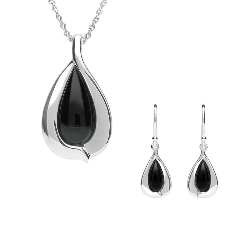 Sterling Silver Whitby Jet Wide Edge Pear Two Piece Set. S038