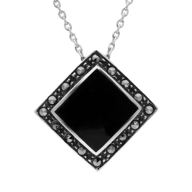 Sterling Silver Whitby Jet and Marcasite Square Framed Necklace P915