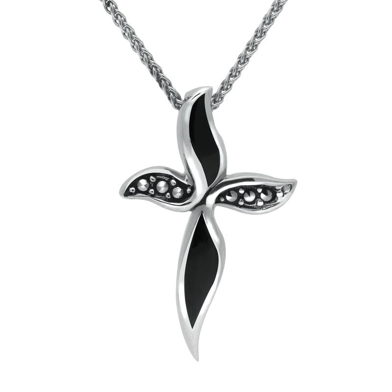 Sterling Silver Whitby Jet and Marcasite Wavy Cross Necklace. P1309