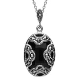 Silver Whitby Jet Marcasite Oval Art Deco Necklace P2125