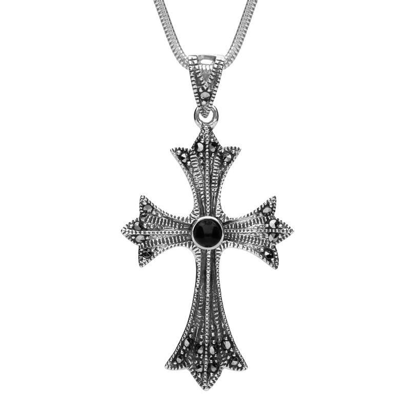 Silver Whitby Jet Three Point Cross Marcasite Necklace P2115