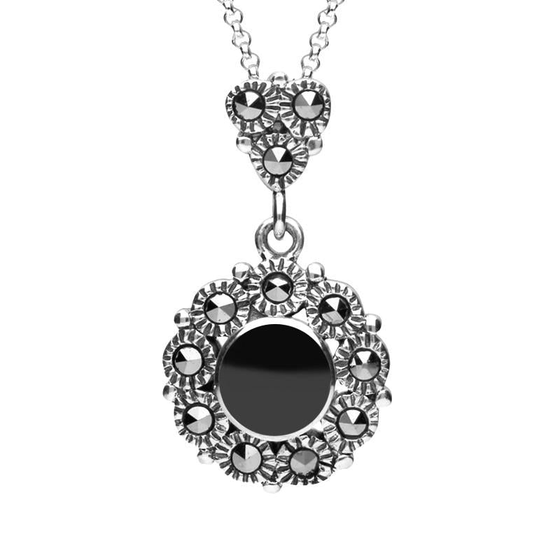 Sterling Silver Whitby Jet Marcasite Round Beaded Drop Necklace P2342
