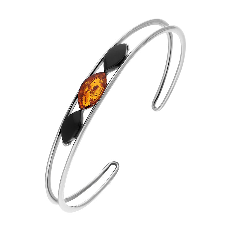 Sterling Silver Whitby Jet Amber Three Stone Marquise Cuff Bangle, B1187.
